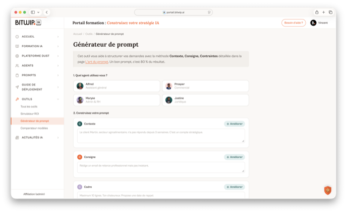 Générateur de prompt du portail Bitwip IA, conversion d'un besoin métier en prompt testé